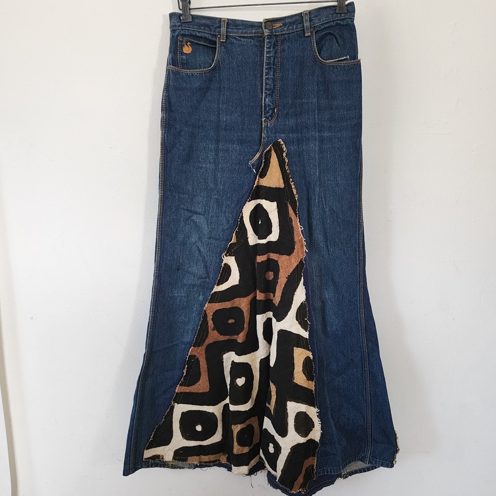 Vintage Y2k Denim Maxi Skirt Patterned Geometric Boho Print Art To Wear 14